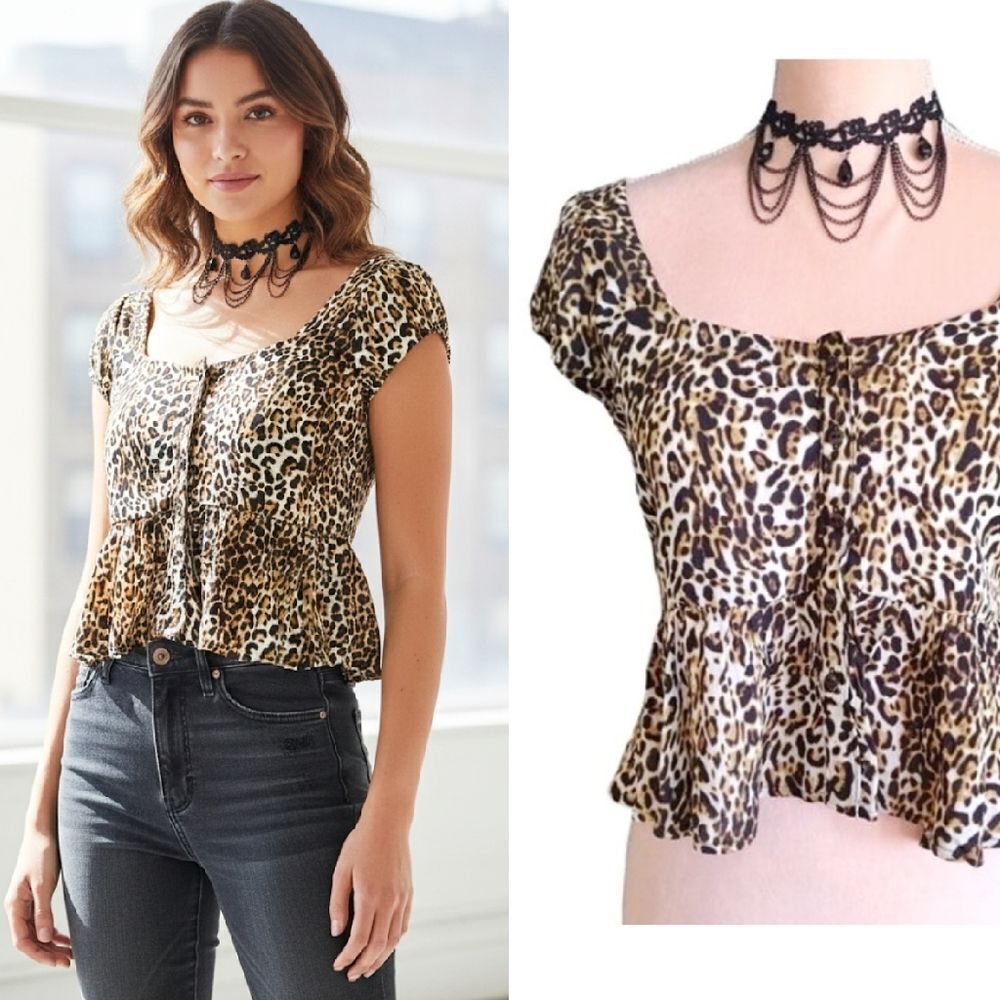 Love Tree Brown Leopard Print Peplum Smock Cropped Blouse Large NWOT